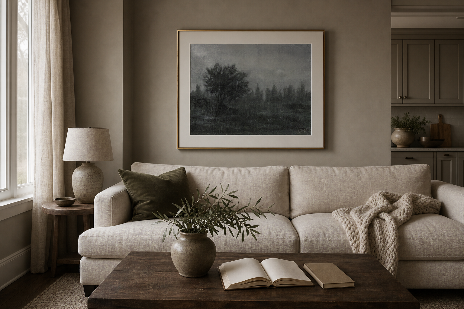 A Wish above a linen sofa in a living room