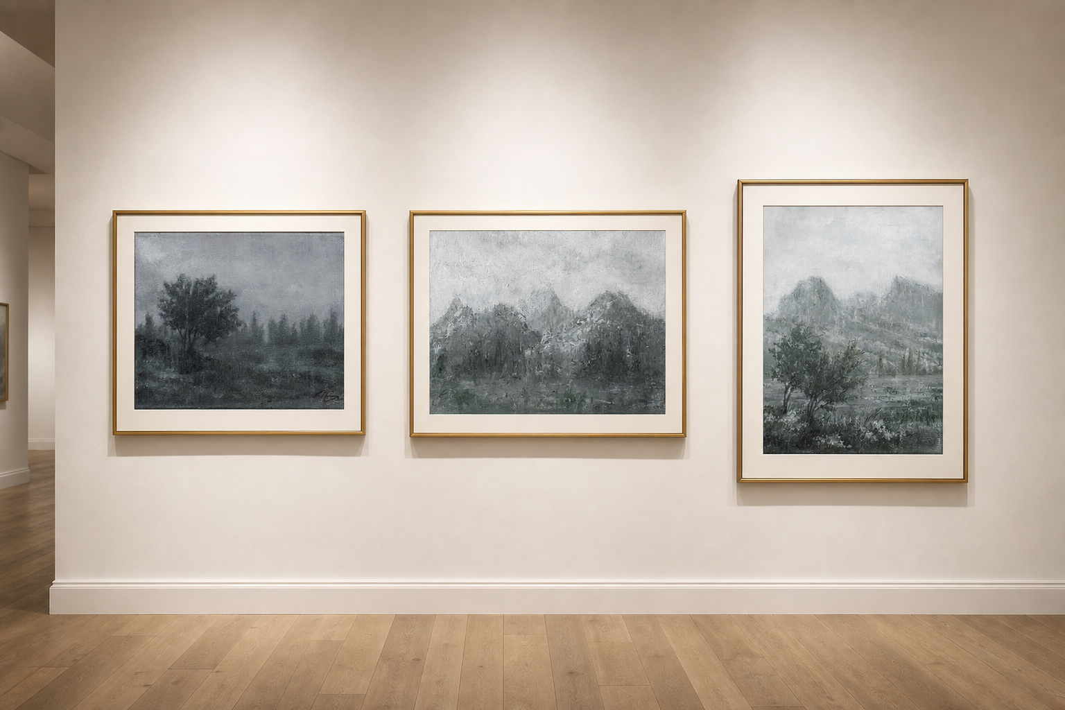 Three paintings on a gallery wall