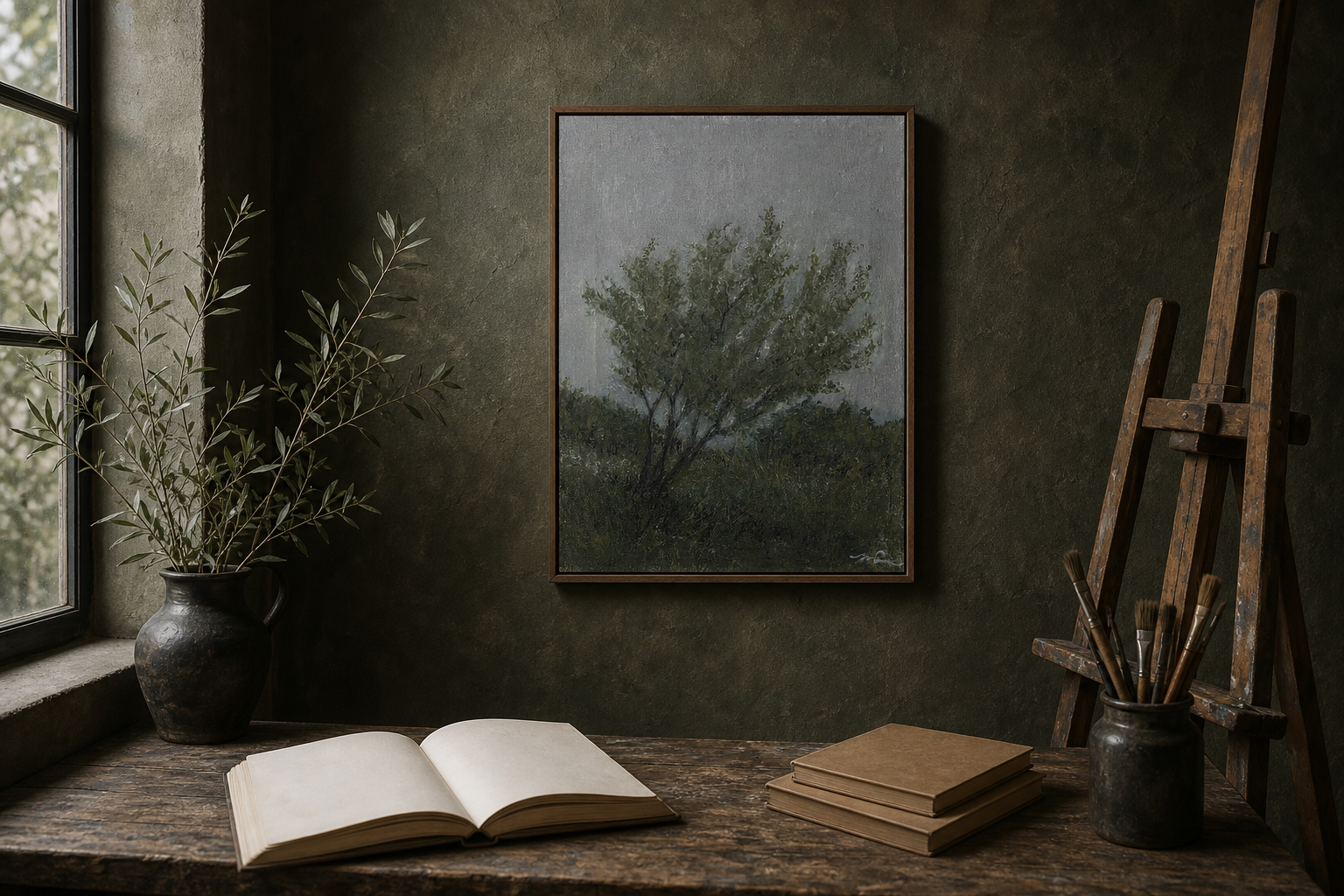 The Wanderer in a moody olive-green studio with olive branches
